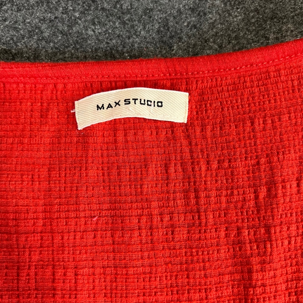Max Studio Red Flutter Sleeve Tiered Mini Dress V-Neck Crinkle Gauze Cottagecore - Picture 3 of 12